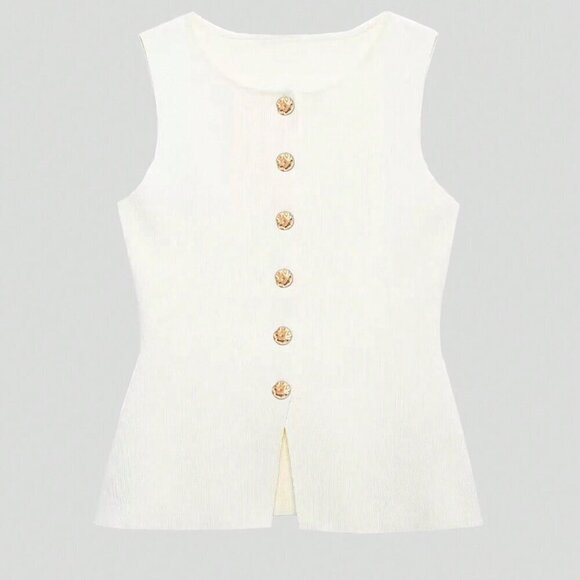 White Casual Women's Metal Button Open Front Sleeveless Jacket - Picture 5 of 9